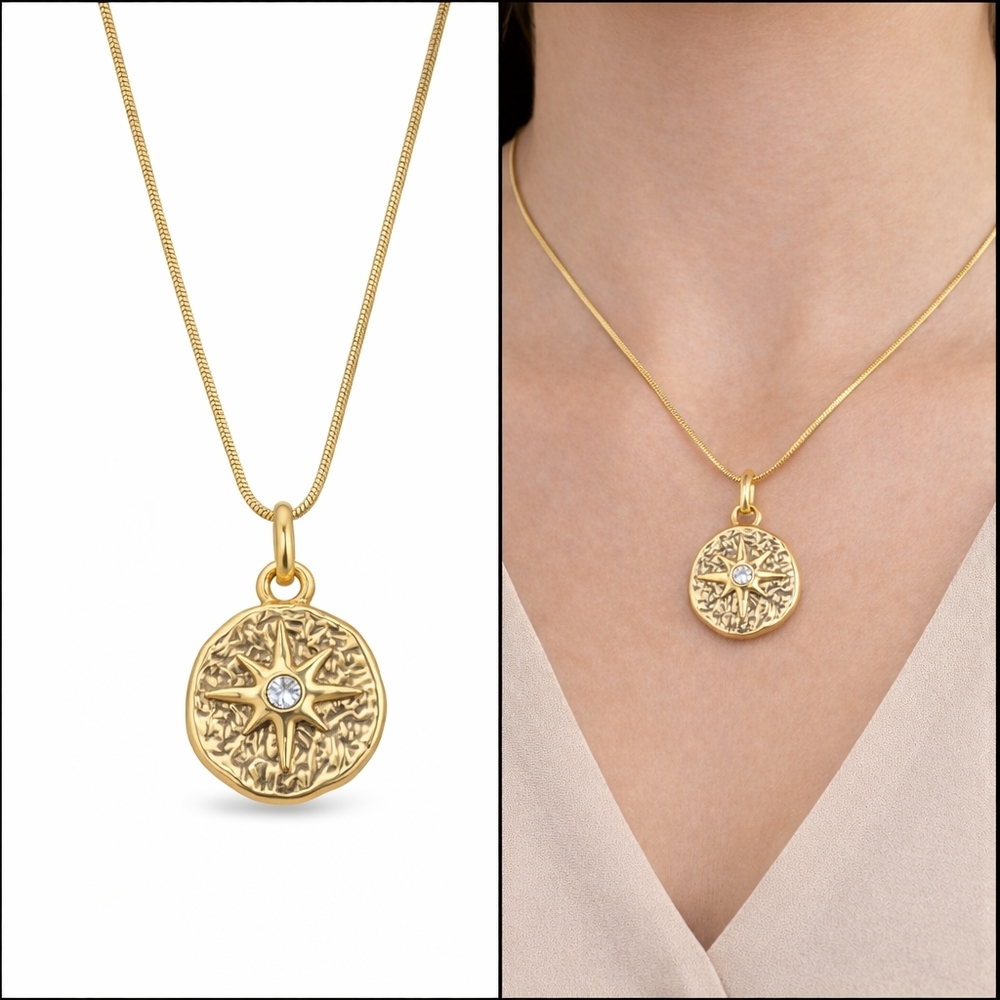 Gold Tone Starburst Medallion Celestial Necklace 18K Gold Plated Snake Chain